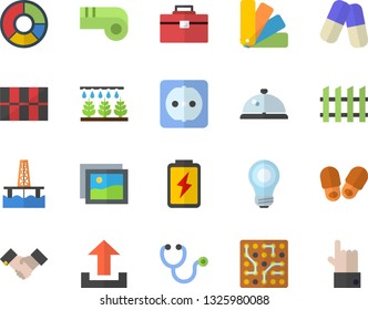 Color flat icon set tool bag flat vector, color scheme, sockets, tile, fence, sprinkling machine, oil production platform, battery, pills, stethoscope, clircle diagram, agreement, bulb, whistle