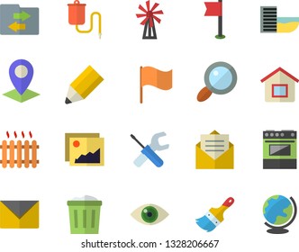 Color flat icon set tool flat vector, paint brush, electric stove, windmill, radiator, magnifier, location, flag, medical warmer, pencil, sports, hotel first line fector, house, gallery, trash can
