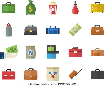 Color flat icon set tool bag flat vector, spaghetti, popcorn, fertilizer vectory, investments, wealth, briefcase, sports pear, sport, luggage fector, suitcase, baggage claim, case