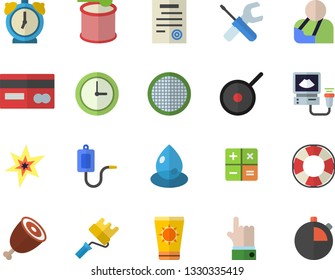 Color flat icon set tool flat vector, paint roller, teflon, sieve, ham, drop, credit card, calculator, medical warmer, injury, ultrasound, contract, spark, steroids, sun protection cream fector