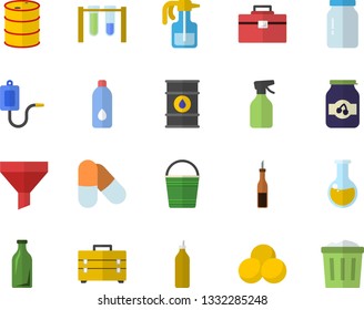 Color flat icon set tool bag flat vector, glass jar, sauce, jam, mustard, pulverizer, bucketful, oil tanks, bottles, funnel, medical warmer, analysis, beakers, pills, water, trash can