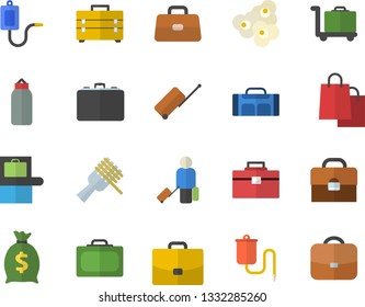 Color flat icon set tool bag flat vector, spaghetti on a fork, popcorn, case, wealth, bags, medical warmer, briefcase, sports pear, sport, luggage fector, suitcase, baggage claim, trolley