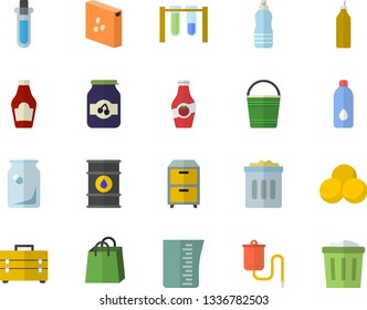 Color flat icon set tool bag flat vector, meashuring cup, groats, ketchup, jam, mustard, bucketful, oil tanks, glass bottles, bags, medical warmer, archive, beakers, pills, water, trash can
