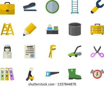 Color flat icon set tool flat vector, bag, ladder, scissors, sieve, saw, gumboots, lawn mower, pipe production, wrench, case, nurse, folder, office worker, pencil, contract, businessman, stapler