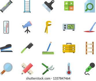 Color flat icon set tool flat vector, bag, ladder, level meter, measure, putty knife, knives, thermometer, secateurs, calculator, scalpel, magnifier, stapler, oscilloscope, telescope, microphone