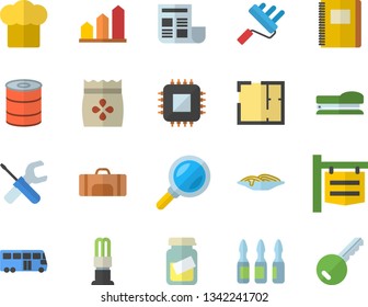 Color flat icon set tool flat vector, paint roller, house layout, cook hat, canned food, spaghetti, seeds, energy saving lamp, motherboard, signboard, magnifier, medical analysis, ampoule, document