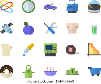 Color flat icon set tool flat vector, tape measure, apron, sieve, donut, soup, soda, plum, autopilot, crisis, pipette, breast, copy machine, satellit, astronaut helmet fector, pedestal, hoop