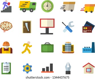 Color flat icon set tool flat vector, Entrance door, manufactory, construction worker, billboard, cogwheel, trucking, express delivery, clipboard, clock, ink pen, career ladder, brain, chart, run