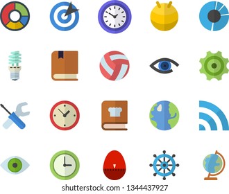 Color flat icon set tool flat vector, kitchen egg timer, cookbook, earth, cogwheel, energy saving lamp, clock, eye, clircle diagram, target, textbook, volleyball, fitball, broadcast, steering wheel