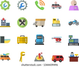 Color flat icon set tool flat vector, bag, repair, warm floor, refueling, phone call, trucking, express delivery, cash machine, hospital, ambulance, helicopter, operator, motorcycle fector, transfer