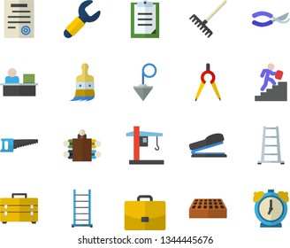 Color flat icon set tool bag flat vector, ladder, construction plummet, brick, saw, secateurs, paint brush, rake, crane, dividers, wrench, case, clipboard, office worker, meeting, contract, career