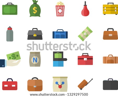 Color flat icon set tool bag flat vector, spaghetti, popcorn, fertilizer vectory, investments, wealth, briefcase, sports pear, sport, luggage fector, suitcase, baggage claim, case