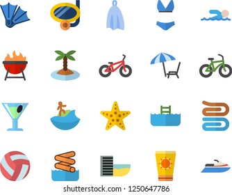 Color flat icon set towel flat vector, barbecue, cocktail, volleyball, bicycle, swimsuit, swimming, hotel first line fector, chaise lounge, sun protection cream, island, surfing, mask, flippers