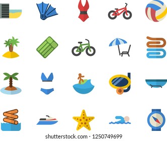 Color flat icon set towel flat vector, volleyball, bicycle, swimsuit, swimming, hotel first line fector, sea beach, chaise lounge, island, surfing, mask, flippers, starfish, aquapark, water scooter