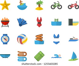 Color flat icon set towel flat vector, barbecue, volleyball, bicycle, swimsuit, swimming, hotel first line fector, sea beach, island, surfing, flippers, starfish, aquapark, pool, water scooter