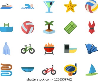 Color flat icon set towel flat vector, barbecue, cocktail, volleyball, bicycle, swimsuit, swimming, hotel first line fector, sea beach, island, mask, flippers, starfish, pool, water scooter