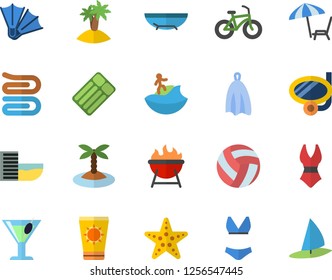 Color flat icon set towel flat vector, barbecue, cocktail, volleyball, bicycle, swimsuit, hotel first line fector, sea beach, chaise lounge, sun protection cream, island, surfing, swimming mask