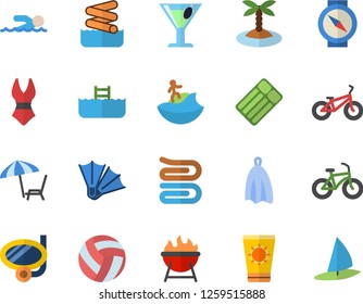 Color flat icon set towel flat vector, barbecue, cocktail, volleyball, bicycle, swimsuit, swimming, chaise lounge fector, sun protection cream, island, surfing, mask, flippers, aquapark, pool