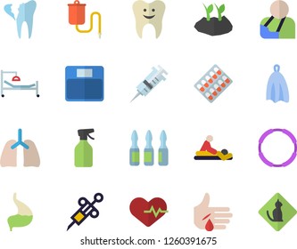 Color flat icon set towel flat vector, pulverizer, planting plants, pill packaging, medical warmer, syringe, hospital bed, massage, injury, ampoule, tooth, broken, stomach, lungs, heartbeat, hoop