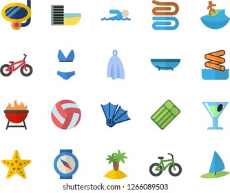 Color flat icon set towel flat vector, barbecue, cocktail, volleyball, bicycle, swimsuit, swimming, hotel first line fector, sea beach, island, surfing, mask, flippers, starfish, aquapark, compass