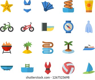 Color flat icon set towel flat vector, barbecue, volleyball, bicycle, swimsuit, hotel first line fector, sea beach, sun protection cream, island, flippers, starfish, aquapark, pool, water scooter