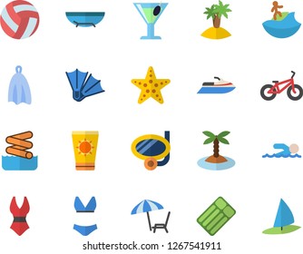 Color flat icon set towel flat vector, cocktail, volleyball, bicycle, swimsuit, swimming, sea beach fector, chaise lounge, sun protection cream, island, surfing, mask, flippers, starfish, aquapark
