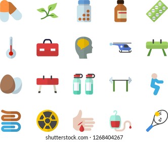 Color flat icon set towel flat vector, temperature, egg, tree leaf, radiation, pill packaging, vial, blood transfusion, briefcase, injury, ampoule, helicopter, brain fector, barbell, vitamins, pills