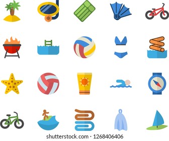 Color flat icon set towel flat vector, barbecue, volleyball, bicycle, swimsuit, swimming, sun protection cream fector, island, surfing, mask, flippers, starfish, aquapark, pool, inflatable mattress