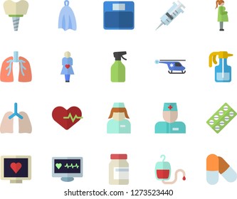 Color flat icon set towel flat vector, pulverizer, pill packaging, blood transfusion, syringe, computer diagnostics of health, physician, helicopter, gestation, nurse, implant, lungs, heartbeat