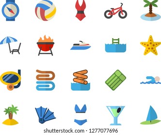 Color flat icon set towel flat vector, barbecue, cocktail, volleyball, bicycle, swimsuit, swimming, chaise lounge fector, island, mask, flippers, starfish, aquapark, pool, water scooter, compass