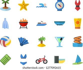 Color flat icon set towel flat vector, barbecue, cocktail, volleyball, bicycle, swimsuit, swimming, hotel first line fector, sea beach, sun protection cream, island, flippers, starfish, aquapark