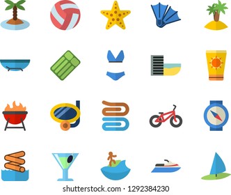 Color flat icon set towel flat vector, barbecue, cocktail, volleyball, bicycle, swimsuit, hotel first line fector, sea beach, sun protection cream, island, surfing, swimming mask, flippers, starfish