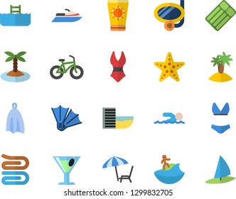 Color flat icon set towel flat vector, cocktail, bicycle, swimsuit, swimming, hotel first line fector, chaise lounge, sun protection cream, island, surfing, mask, flippers, starfish, pool