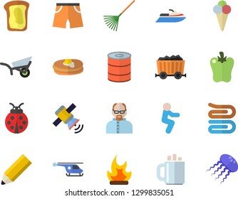 Color flat icon set towel flat vector, pancakes, canned food, bell pepper, ice cream, sandwich, ladybird, rake, garden wheelbarrow, bonfire, mining, helicopter, coffee, pencil, satellit, scientist