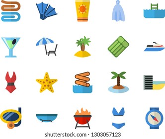 Color flat icon set towel flat vector, barbecue, cocktail, swimsuit, hotel first line fector, sea beach, chaise lounge, sun protection cream, island, swimming mask, flippers, starfish, aquapark