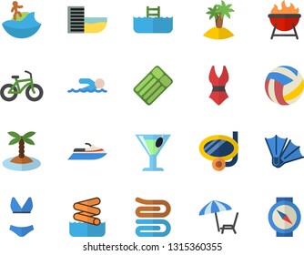 Color flat icon set towel flat vector, barbecue, cocktail, volleyball, bicycle, swimsuit, swimming, hotel first line fector, chaise lounge, island, surfing, mask, flippers, aquapark, pool, compass