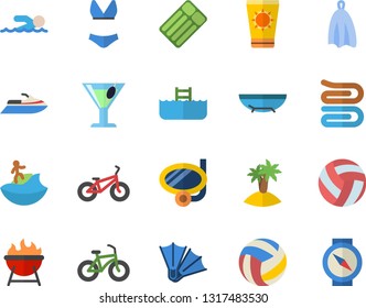 Color flat icon set towel flat vector, barbecue, cocktail, volleyball, bicycle, swimsuit, swimming, sea beach fector, sun protection cream, island, surfing, mask, flippers, pool, water scooter
