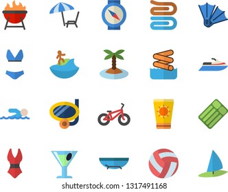 Color flat icon set towel flat vector, barbecue, cocktail, volleyball, bicycle, swimsuit, swimming, sea beach fector, chaise lounge, sun protection cream, island, surfing, mask, flippers, aquapark