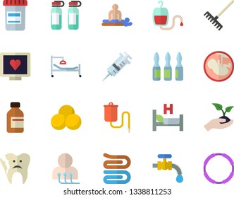 Color flat icon set towel flat vector, seedlings, rake, water tap, vial, medical warmer, blood transfusion, syringe, computer diagnostics of health, hospital bed, massage, ampoule, embryo, pills