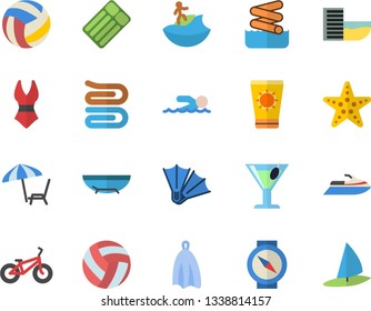 Color flat icon set towel flat vector, cocktail, volleyball, bicycle, swimsuit, swimming, hotel first line fector, sea beach, chaise lounge, sun protection cream, surfing, flippers, starfish
