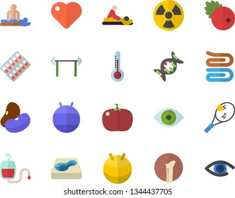 Color flat icon set towel flat vector, legumes, tomato, cranberry, thermometer, pool, radiation, pill packaging, blood transfusion, heart, massage, eye, bone fracture, dna, barbell, fitball