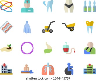 Color flat icon set towel flat vector, seedlings, garden wheelbarrow, lawn mower, pill packaging, blood transfusion, disabled, hospital, physician, massage, injury, ampoule, broken tooth, stomach