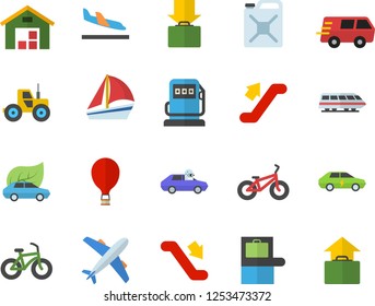 Color flat icon set tractor flat vector, refueling, canister, eco cars, electric, autopilot, trucking, sailboat, warehouse, bicycle, train fector, escalator, balloon, baggage claim, aircraft, hand