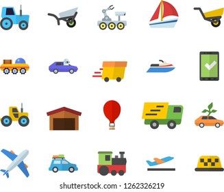 Color flat icon set tractor flat vector, garden wheelbarrow, eco cars, autopilot, warehouse, trucking, express delivery, sailboat, lunar rover, train fector, car, balloon, aircraft, check in, taxi