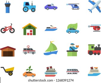 Color flat icon set tractor flat vector, garden wheelbarrow, eco cars, autopilot, warehouse, sailboat, ambulance, helicopter, bicycle, train fector, airport tower, passport control, aircraft