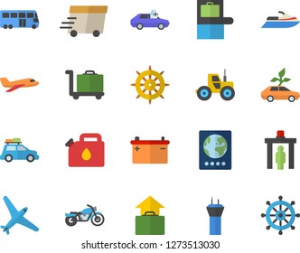 Color flat icon set tractor flat vector, accumulator, canister, eco cars, autopilot, express delivery, aircraft fector, car, bus, airport tower, motorcycle, control gate, baggage claim, passport