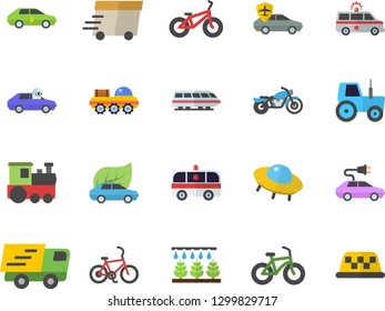 Color flat icon set tractor flat vector, sprinkling machine, eco cars, electric, autopilot, trucking, express delivery, ambulance, lunar rover, ufo, bicycle, train fector, motorcycle, taxi