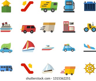 Color flat icon set tractor flat vector, gas station, refueling, accumulator, eco cars, trucking, express delivery, sailboat, car fector, bus, escalator, arrival, hand luggage, cruise ship, yacht