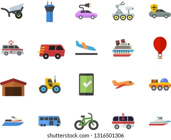 Color flat icon set tractor flat vector, garden wheelbarrow, electric cars, autopilot, warehouse, trucking, ambulance, lunar rover, bicycle, aircraft fector, bus, airport tower, balloon, check in