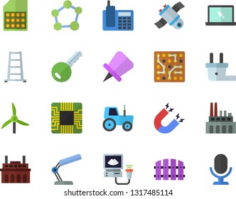 Color flat icon set tractor flat vector, fence, ladder, windmill, plug socket, plant, motherboard, SIM card, ultrasound, telephone, reading lamp, laptop, molecule, satellit, magnet, key fector